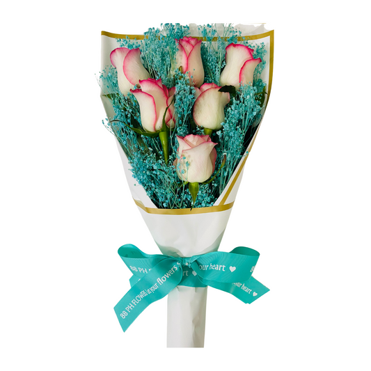 Signature Two Tone Rose with Blue Baby's Breath